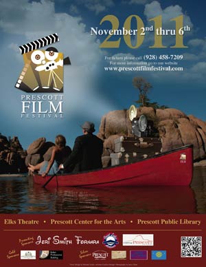 poster for Prescott Film Festival showing people in a boat with luggage and a film projector